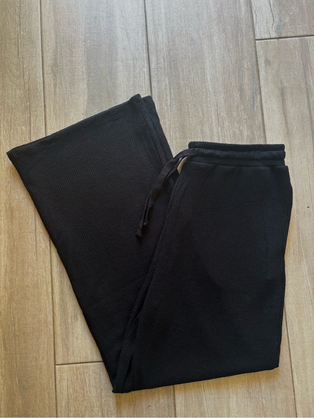 Black Brushed Waffle Knit Wide Leg Sweatpants
